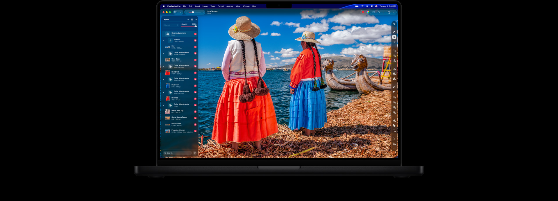 MacBook Pro 16 screen, photo of two women in brightly colored outfits, color editing tools