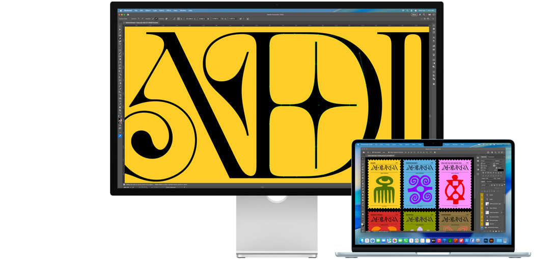 Un monitor Studio Display y una laptop Mac muestran un proyecto en el que se está trabajando en varios programas de Adobe. El monitor Studio Display muestra un primer plano de texto negro sobre un fondo amarillo intenso, y el revestimiento antirreflejo ayuda a reducir el brillo.