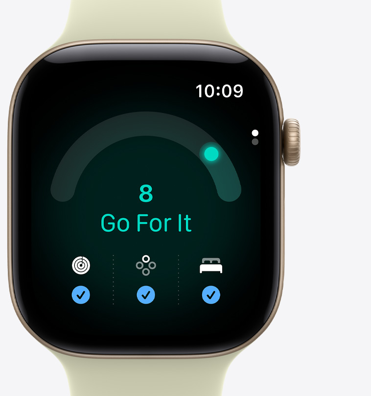 Apple Watch Series 12, aluminum case, light gold color, screen shows Readiness app, readiness score at 8, message reads "go for it", Activity rings, Vitals, and sleep score metrics with blue checkmarks at bottom of screen, connected to Sport Band, pale succulent color (light yellow-green)