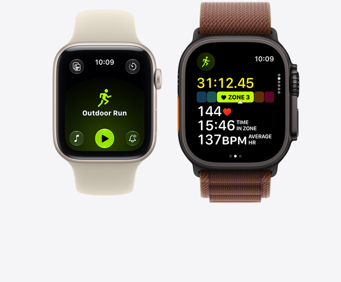 Apple Watch SE 3, aluminum case, starlight color, Outdoor Run workout open with Apple Music play controls, connected to Sport Band, sand color (pale tan); Apple Watch Ultra 4, titanium case, black color, Running workout open, heart rate in Zone 3, connected to Alpine Loop band, burgundy color (dark red)