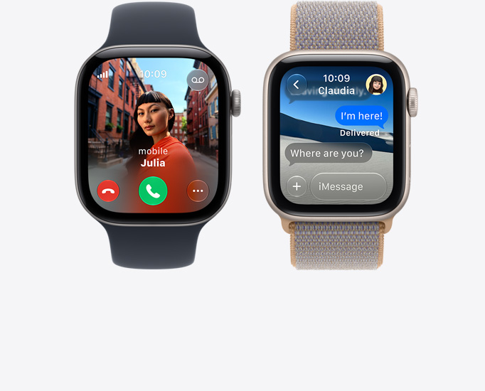 Apple Watch Series 12, screen shows incoming call, contact photo, accept and decline call buttons, aluminum case, space gray color, connected to Sport Band, black color; Apple Watch SE 3, screen shows iMessage conversation, aluminum case, starlight color, connected to Sport Loop band, chambray blue color (light blue-gray)