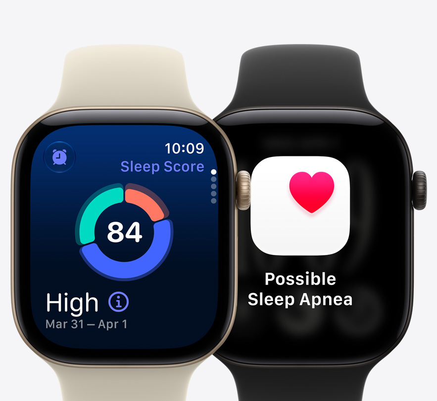 Apple Watch Series 12 devices: aluminum case, light gold color, screen shows sleep score, connected to Sport Band, sand color (pale tan); aluminum case, black color, screen shows possible sleep apnea notification, connected to Sport Band, black color