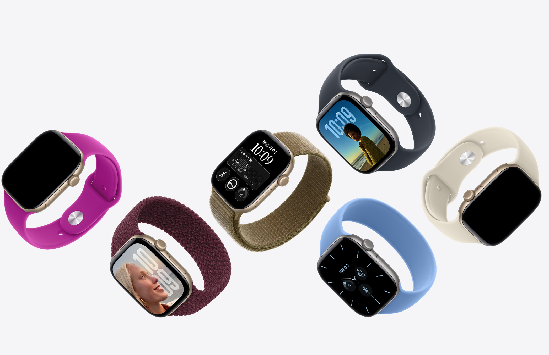 Apple Watch devices, various watch faces and case materials, connected to various colorful bands