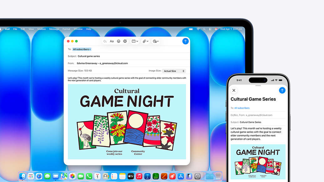 MacBook Neo, indigo color, next to iPhone, both screens show the same email, announcing an event at a community center